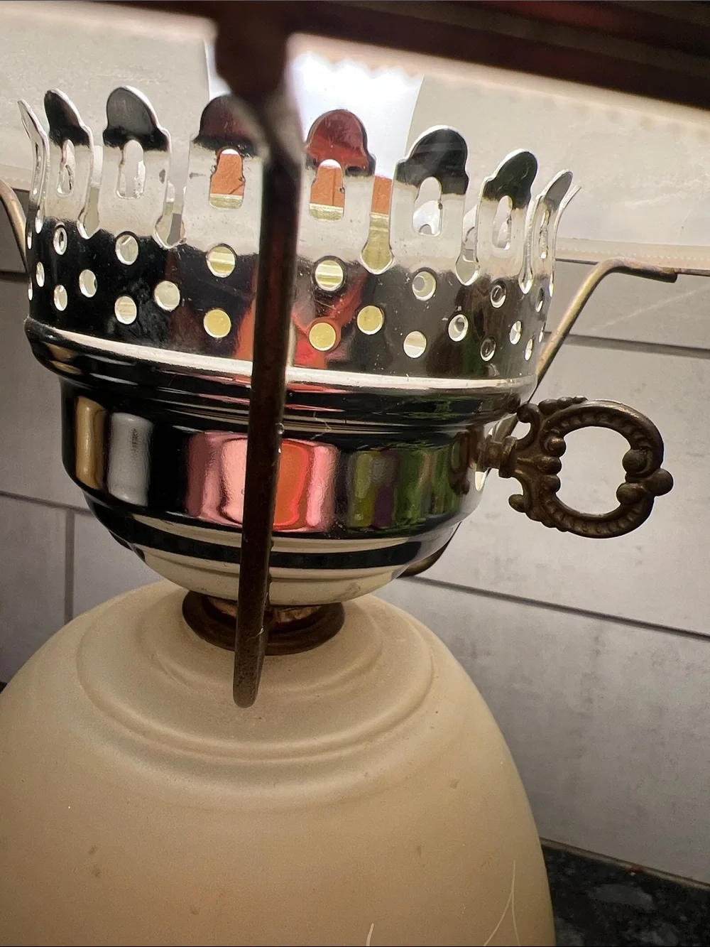 Vintage 16” Classic Cream Floral Glass Table Lamp - Hurricane lamp
